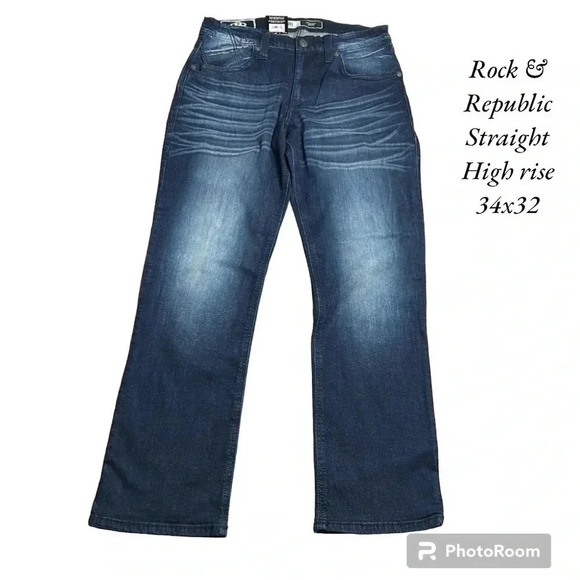 Rock & Republic,Jeans,Men 34x32 straight,faded,blue NWT,biker,moto comfy - Picture 1 of 13
